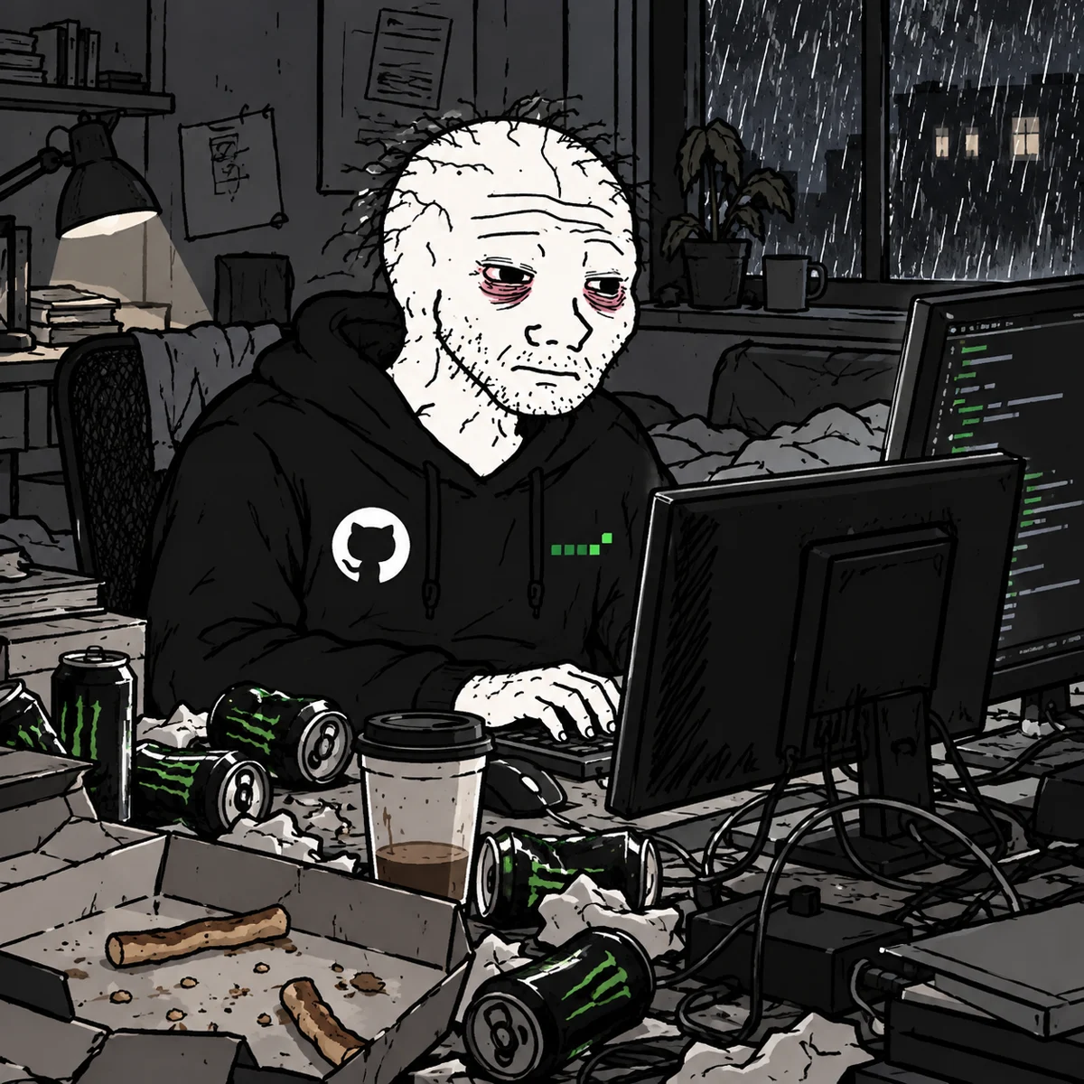 Gitcel coding at a cluttered desk during a rainy night