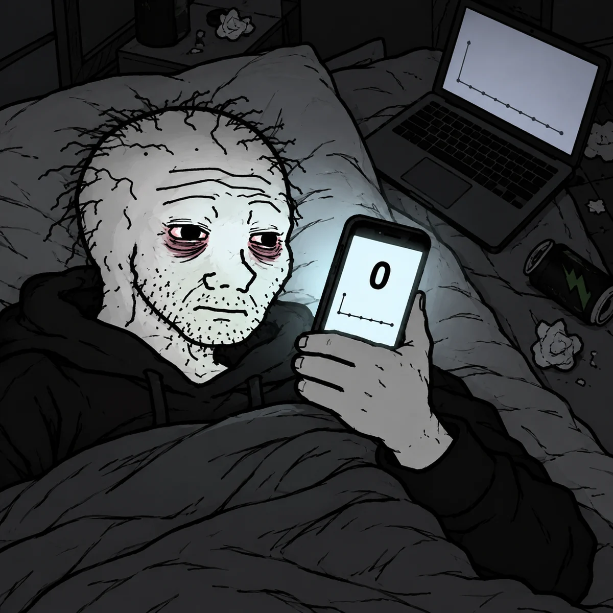 Gitcel checking zero users on his phone in bed